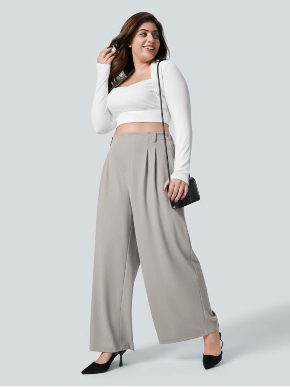 HALARA Wide-Leg Pleated Trousers in Mink Ash Gray Petite 1X